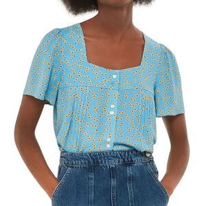 Whistles Floral Crecent Square Neck Blue Top